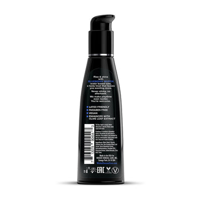 Back view of Wicked Aqua 4oz water-based blueberry muffin flavored lubricant bottle with pump dispenser and product details.