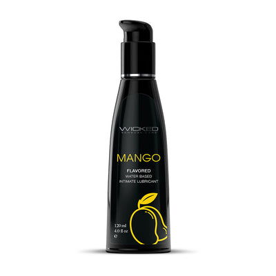 Black pump bottle of Wicked Sensual Care mango flavored water-based intimate lubricant 4oz with yellow fruit illustration.