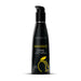 Black pump bottle of Wicked Sensual Care mango flavored water-based intimate lubricant 4oz with yellow fruit illustration.