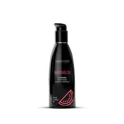 Black pump bottle of Wicked Sensual Care watermelon flavored water-based intimate lubricant, 2 oz with pink watermelon graphic.