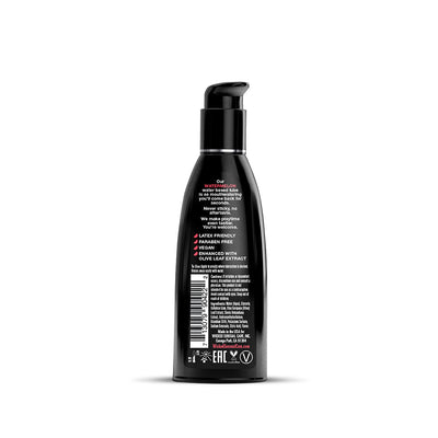 Black pump bottle of Wicked Aqua Water-Based Watermelon Flavor lubricant with product details on the back label.