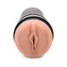 Tan-colored realistic silicone stroker with black ribbed outer casing on white background.