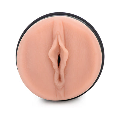 Tan-colored realistic silicone stroker with detailed design and black base, Curve Novelties Mistress Sophia Deluxe model.