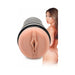 Tan realistic textured masturbator sleeve with black casing and image of a woman in the background.
