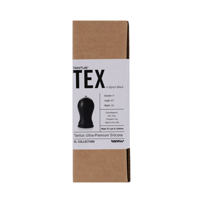 Packaging box of Tantus Tex black silicone plug with product details and specifications on the label.