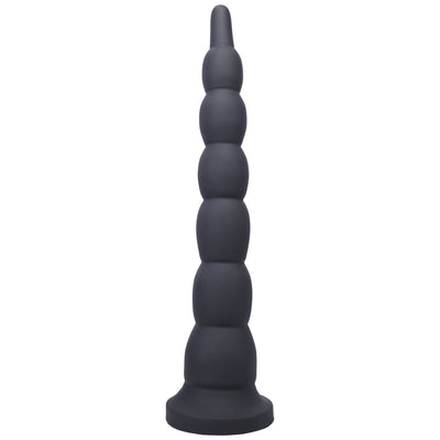 Black silicone progressive beaded adult toy with a flared base, designed for safe and comfortable use.