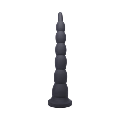 Black silicone progressive beaded adult toy with a flared base for safe use.