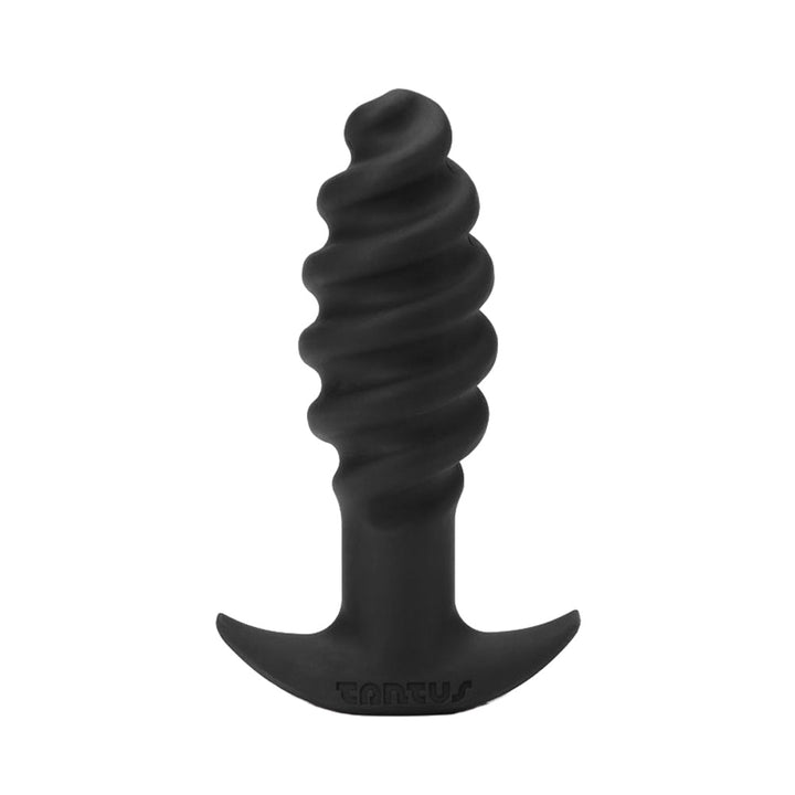 Black Tantus Twist plug with spiral textured design and flared base for safe use.