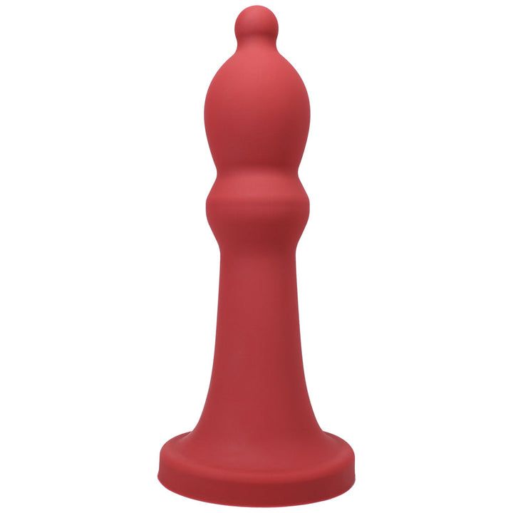 Large red silicone toy with bulbous shape and flared base designed for advanced users.
