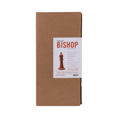 Tantus Bishop XL silicone toy packaging in brown box with product label showing red toy image and details.