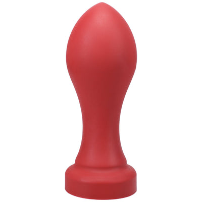 Large red silicone plug with tapered tip and wide base, designed for advanced users.