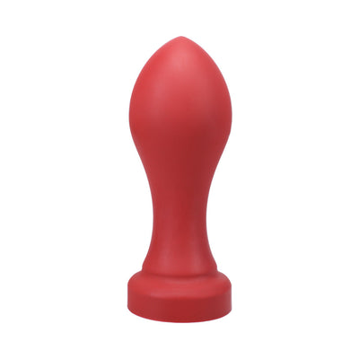 Large red silicone plug with a tapered shape and wide base designed for advanced users.