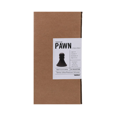 Tantus The Pawn in Byron Black packaging with product details on a brown cardboard box.