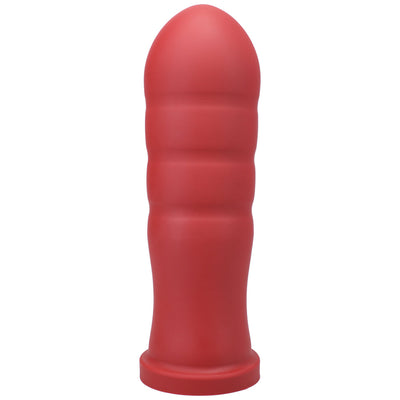 Large red silicone textured toy with a rounded tip and flared base, designed for experienced users.
