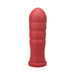 Large red silicone textured toy with rounded tip and ridged body, standing upright on a white background.