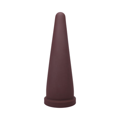 Large tapered cone-shaped silicone toy in deep brown with a flared base for secure use.