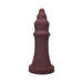 Dark brown silicone pleasure device with tiered, textured design and wide base, standing upright on white background.