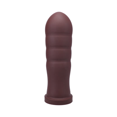 Large firm dark brown silicone anal plug with a tapered tip and ribbed shaft on a flat base.