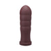 Large firm dark brown silicone anal plug with a tapered tip and ribbed shaft on a flat base.