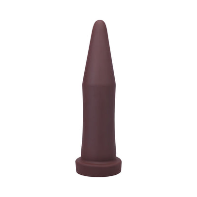 Firm oxblood silicone inner band trainer with tapered tip and flat base for gradual stretch and comfort.