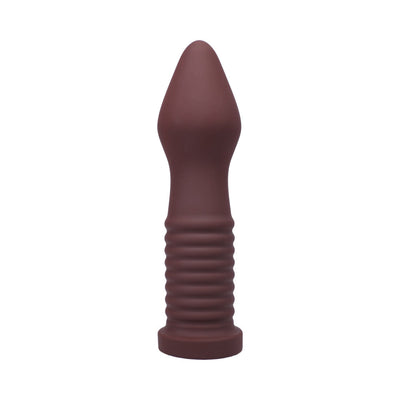 Tantus Fist Trainer in deep brown silicone with ribbed shaft and tapered tip, designed for advanced training.