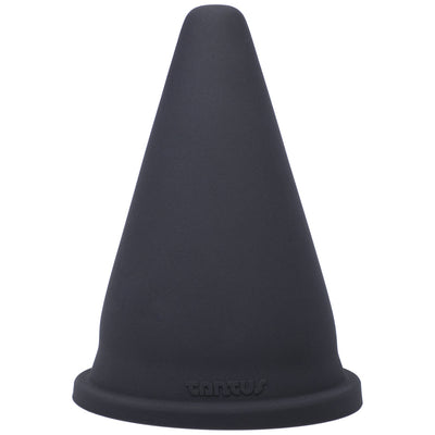 Black silicone cone-shaped adult toy with wide base and Tantus logo embossed on front.