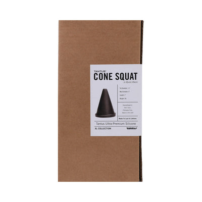 Packaging box for Tantus Cone Squat in black, featuring product details and made from ultra-premium silicone.