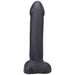 Black realistic silicone dildo with detailed texture and base, standing upright on a white background.