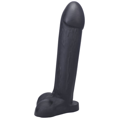 Black realistic silicone dildo with a flared base and detailed texture, standing upright on a white background.