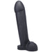 Black realistic silicone dildo with a flared base and detailed texture, standing upright on a white background.