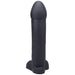 Black realistic silicone dildo with a wide base, standing upright on a white background.