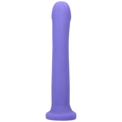 Purple silicone hook-shaped adult toy with a smooth shaft and rounded head, designed for versatile use.