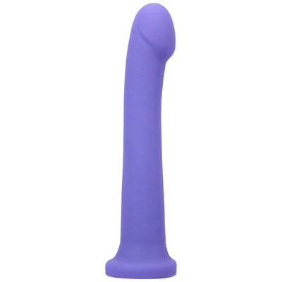 Purple silicone curved hook-shaped adult toy with a rounded head and flared base.