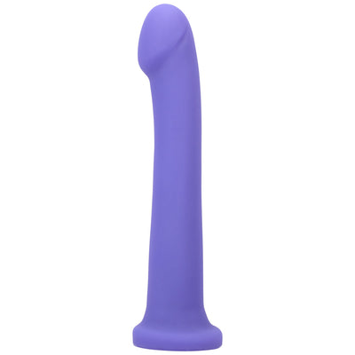 Purple silicone hook-shaped adult toy with a curved tip and flared base for versatile use.