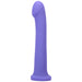 Purple silicone hook-shaped adult toy with a curved tip and flared base for versatile use.
