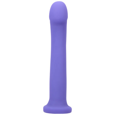 Purple silicone hook-shaped adult toy with a smooth, rounded tip and flared base.