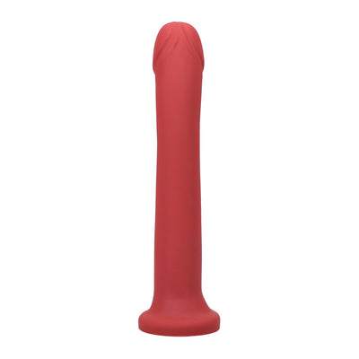 Red silicone hook-shaped adult toy with a rounded tip and flared base on a white background.