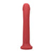 Red silicone hook-shaped adult toy with a rounded tip and flared base on a white background.