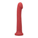 Red silicone hook-shaped toy with a curved tip and flared base for versatile pleasure.