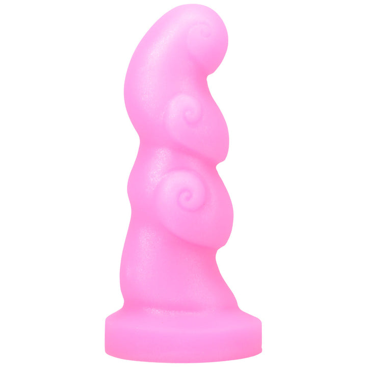 Pink spiraled silicone dildo with textured swirls and a flared base for safe use.