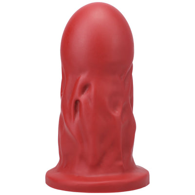 Red firm silicone dildo with a wide base and textured surface for advanced use.