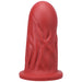 Red firm silicone dildo with textured surface and wide base for stability and safety.