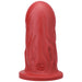 Red firm silicone dildo with textured surface and flared base, Tantus Mr. Universe model.