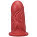 Red firm silicone dildo with textured surface and wide base, designed for advanced users.
