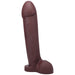 Dark brown realistic silicone dildo with a flared base and detailed texture standing upright on white background.