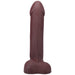 Realistic dark brown silicone dildo with detailed texture and a sturdy base, standing upright on a white background.