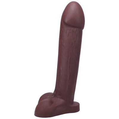 Realistic dark brown silicone dildo with a flared base and detailed texture, standing upright on a white background.