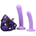 Purple velvet adjustable harness with two smooth purple silicone dildos and a small silver vibrator.