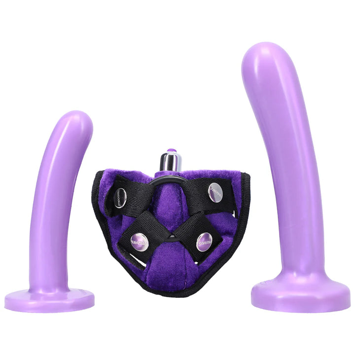 Purple velvet adjustable harness with two smooth purple silicone dildos in different sizes and a small silver vibrator.