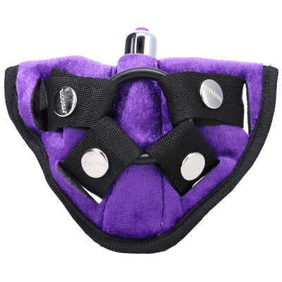 Purple velvet adjustable strap-on harness with black nylon straps and metal snap buttons, featuring a built-in pocket and O-ring.